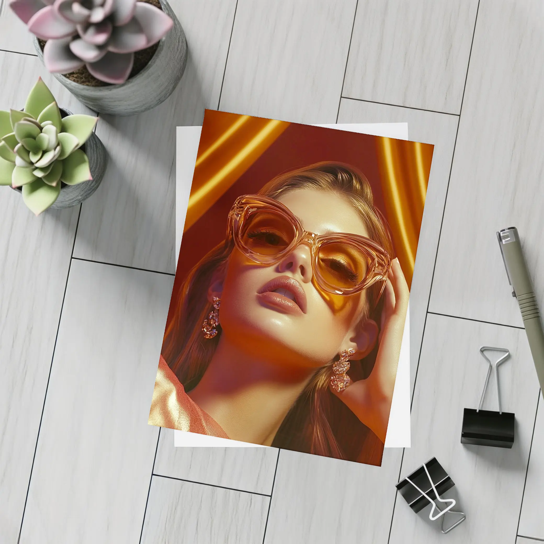 Woman Orange Cat Eye Sunglasses Gold Backdrop – Postcards