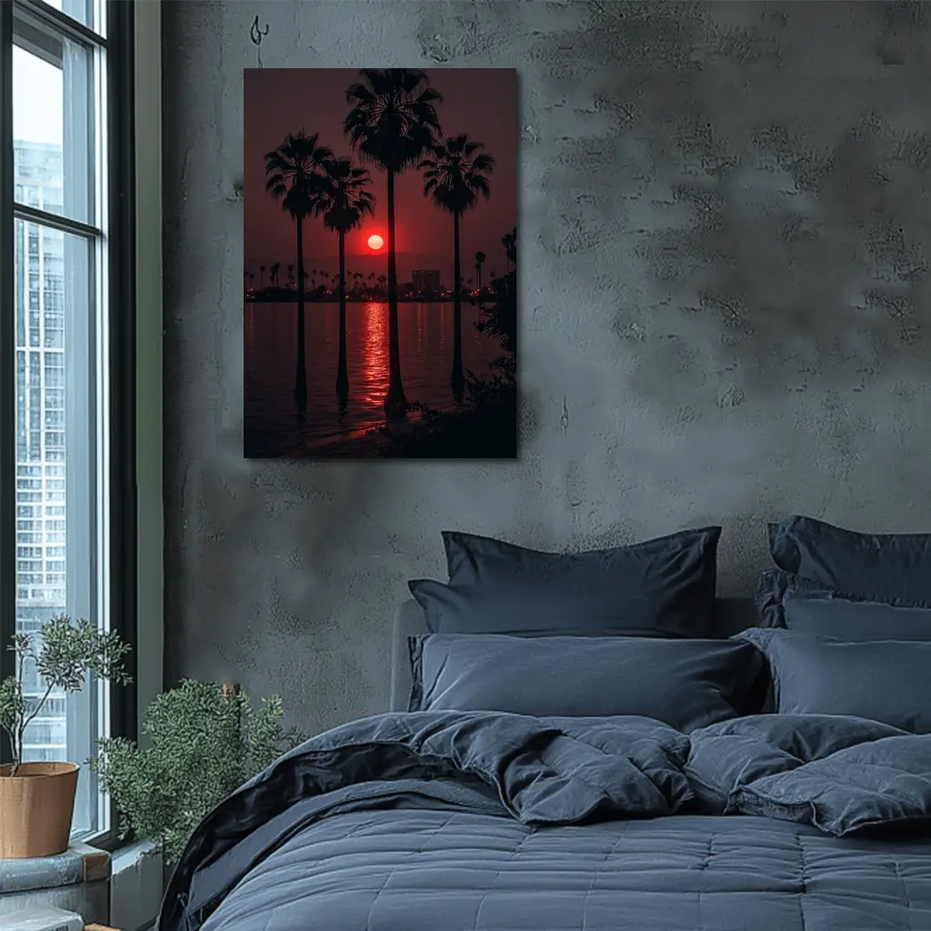 Red Sunset Palm Trees Coastal City View – Wall Art