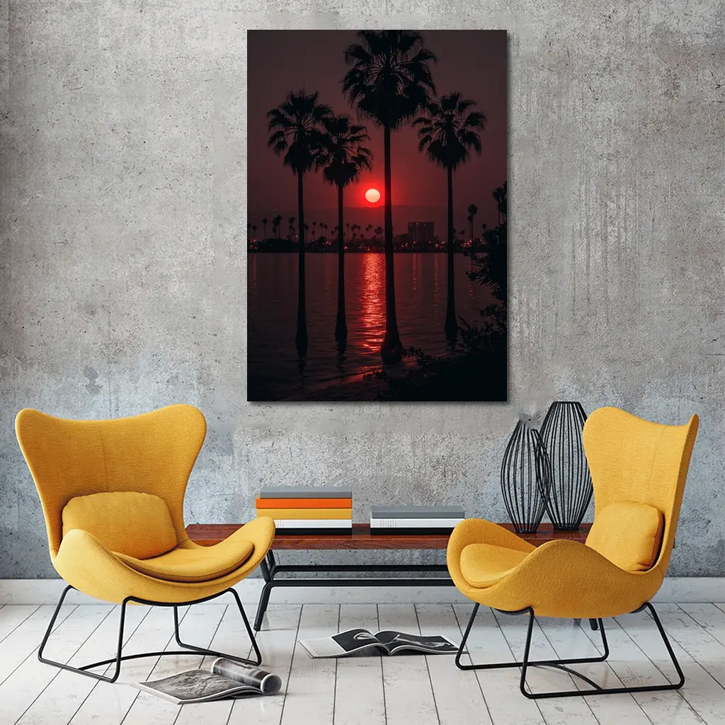 Red Sunset Palm Trees Coastal City View – Wall Art