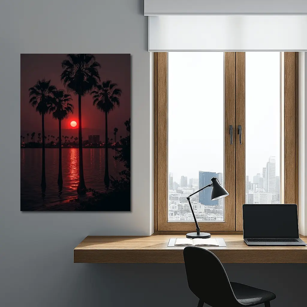 Red Sunset Palm Trees Coastal City View – Wall Art