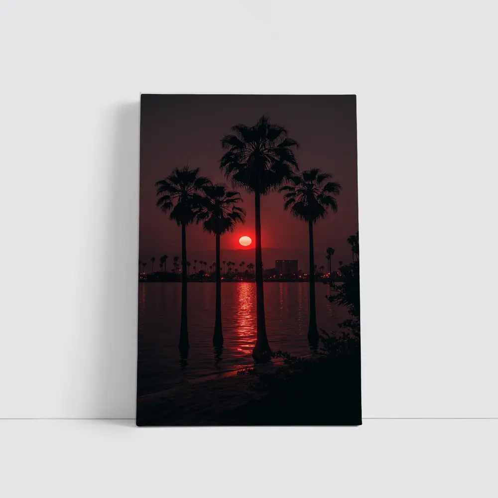 Red Sunset Palm Trees Coastal City View – Wall Art