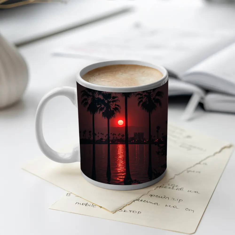 Red Sunset Palm Trees Coastal City View – Mugs