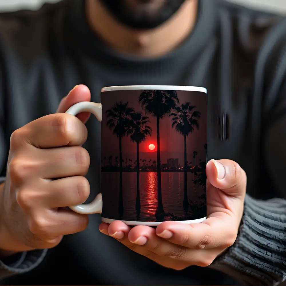 Red Sunset Palm Trees Coastal City View – Mugs