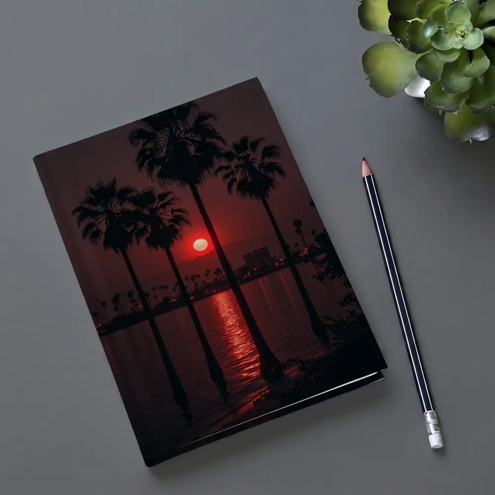 Red Sunset Palm Trees Coastal City View – Notebooks