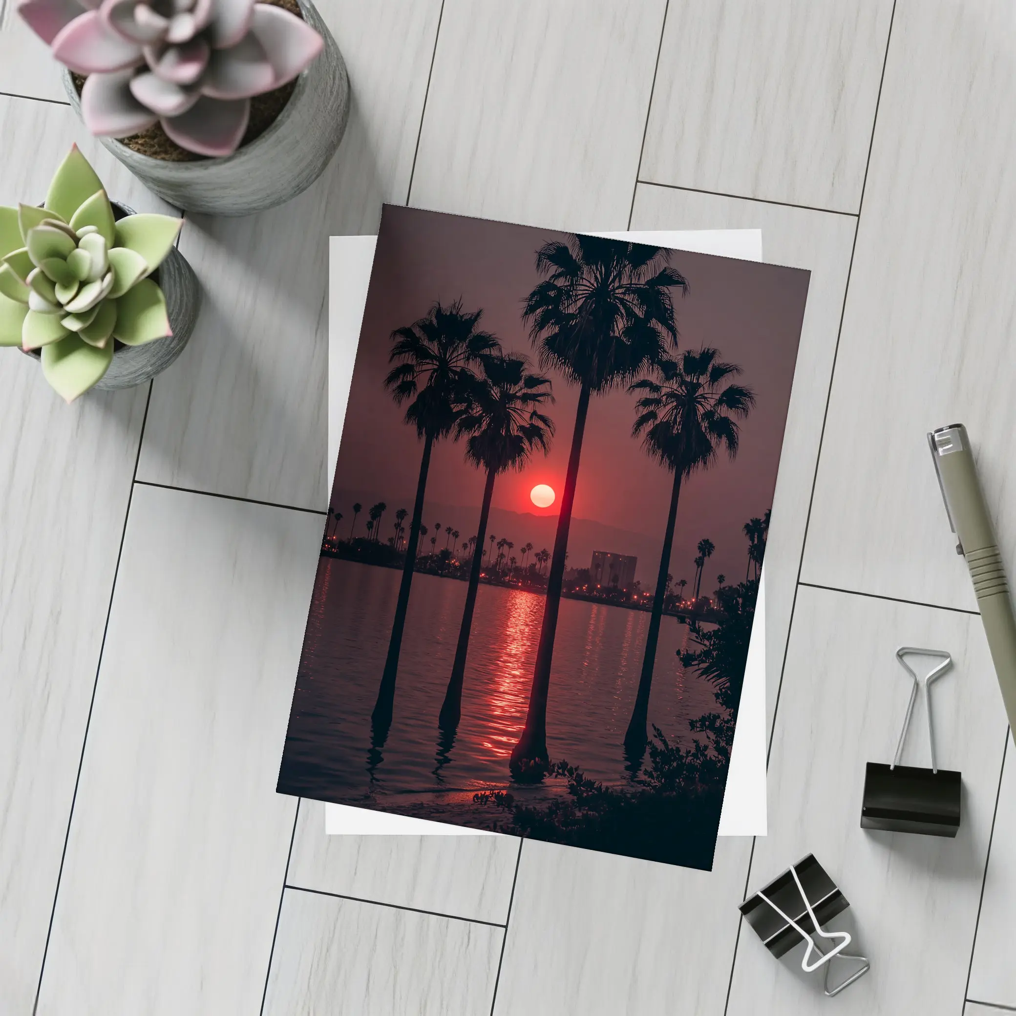 Red Sunset Palm Trees Coastal City View – Postcards