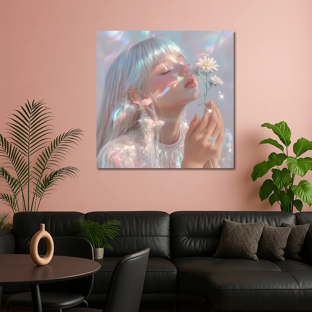 Dreamy Girl Holding Daisies Iridescent Art – Wall Art