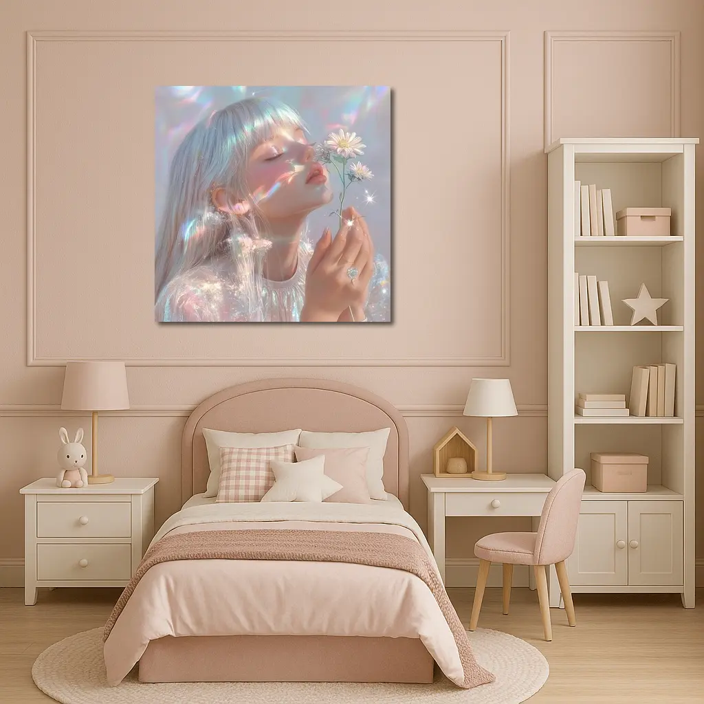 Dreamy Girl Holding Daisies Iridescent Art – Wall Art