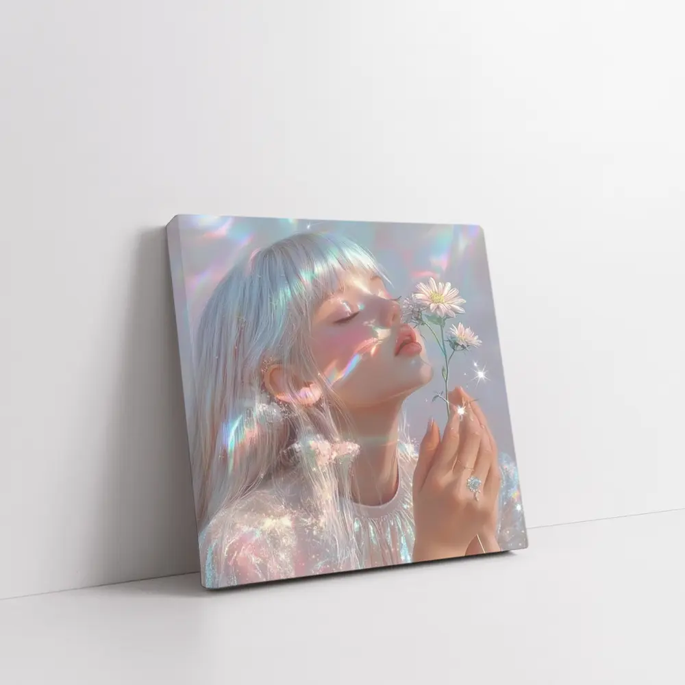 Dreamy Girl Holding Daisies Iridescent Art – Wall Art