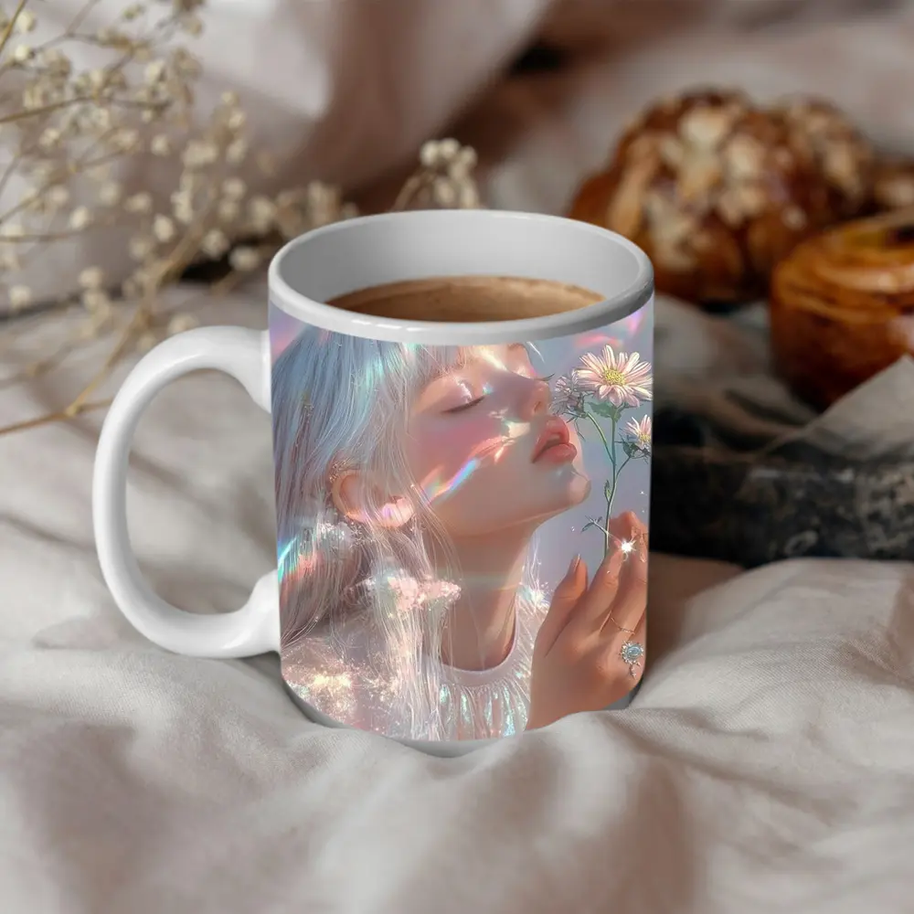 Dreamy Girl Holding Daisies Iridescent Art – Mugs