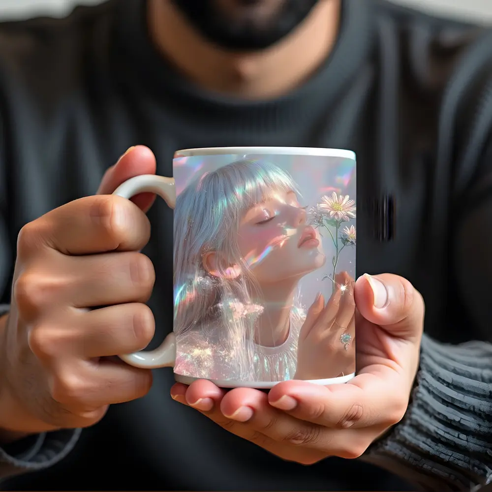 Dreamy Girl Holding Daisies Iridescent Art – Mugs