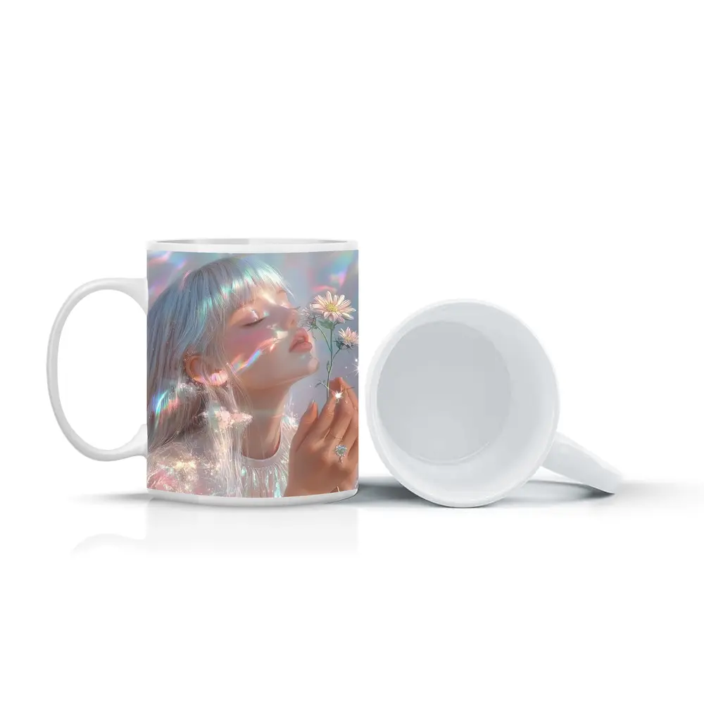 Dreamy Girl Holding Daisies Iridescent Art – Mugs