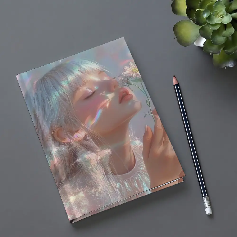 Dreamy Girl Holding Daisies Iridescent Art – Notebooks