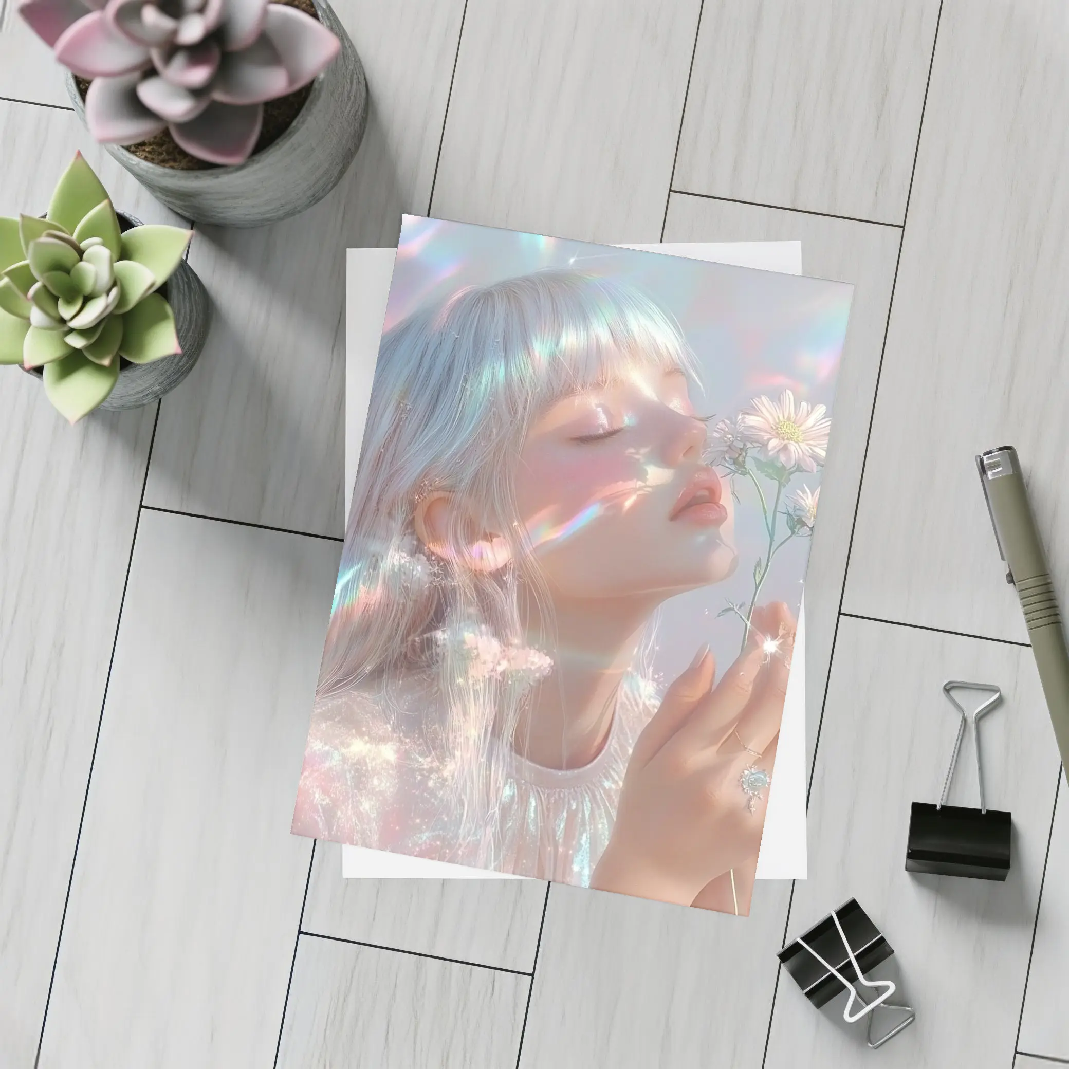 Dreamy Girl Holding Daisies Iridescent Art – Postcards