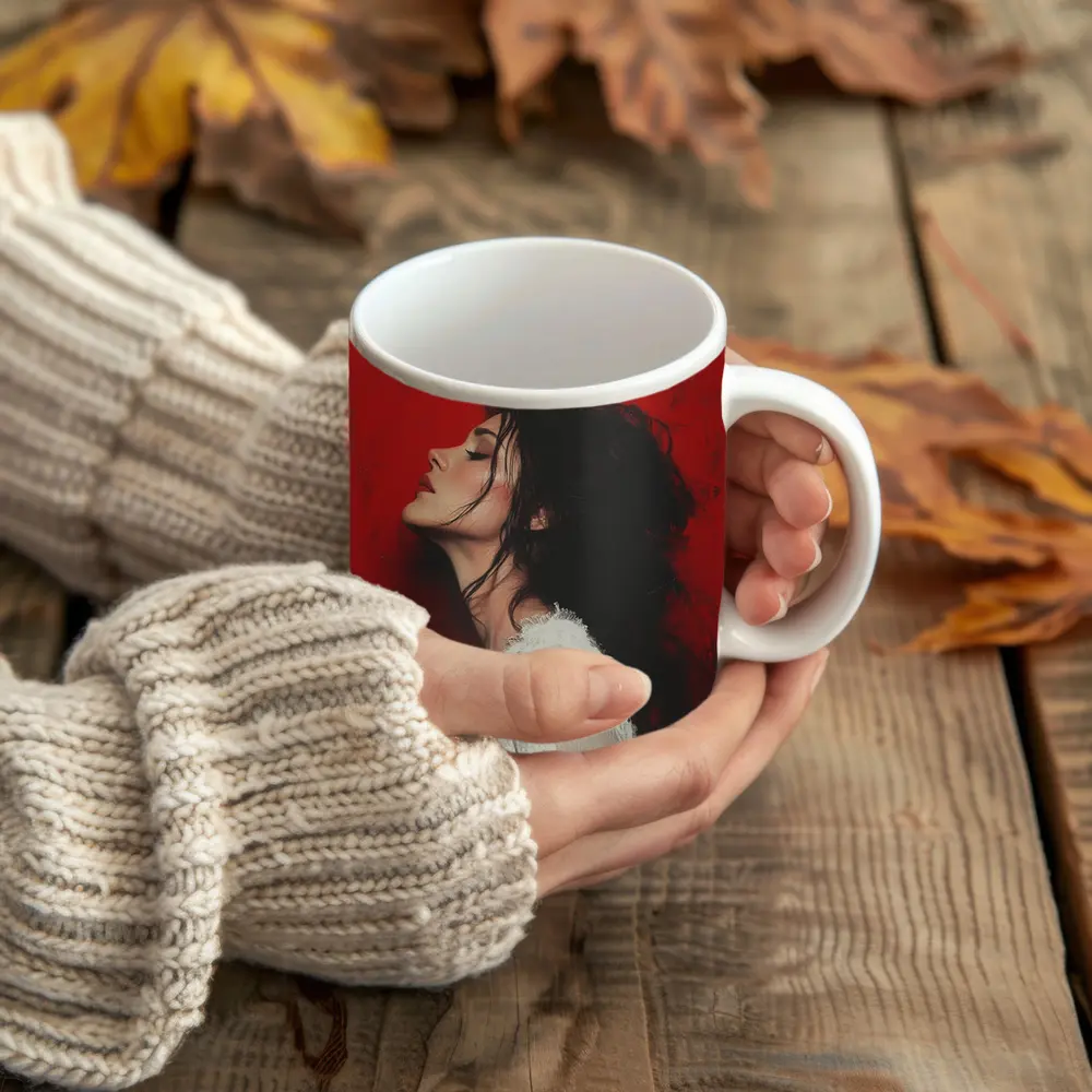 Woman Profile Portrait Red Abstract Background – Mugs