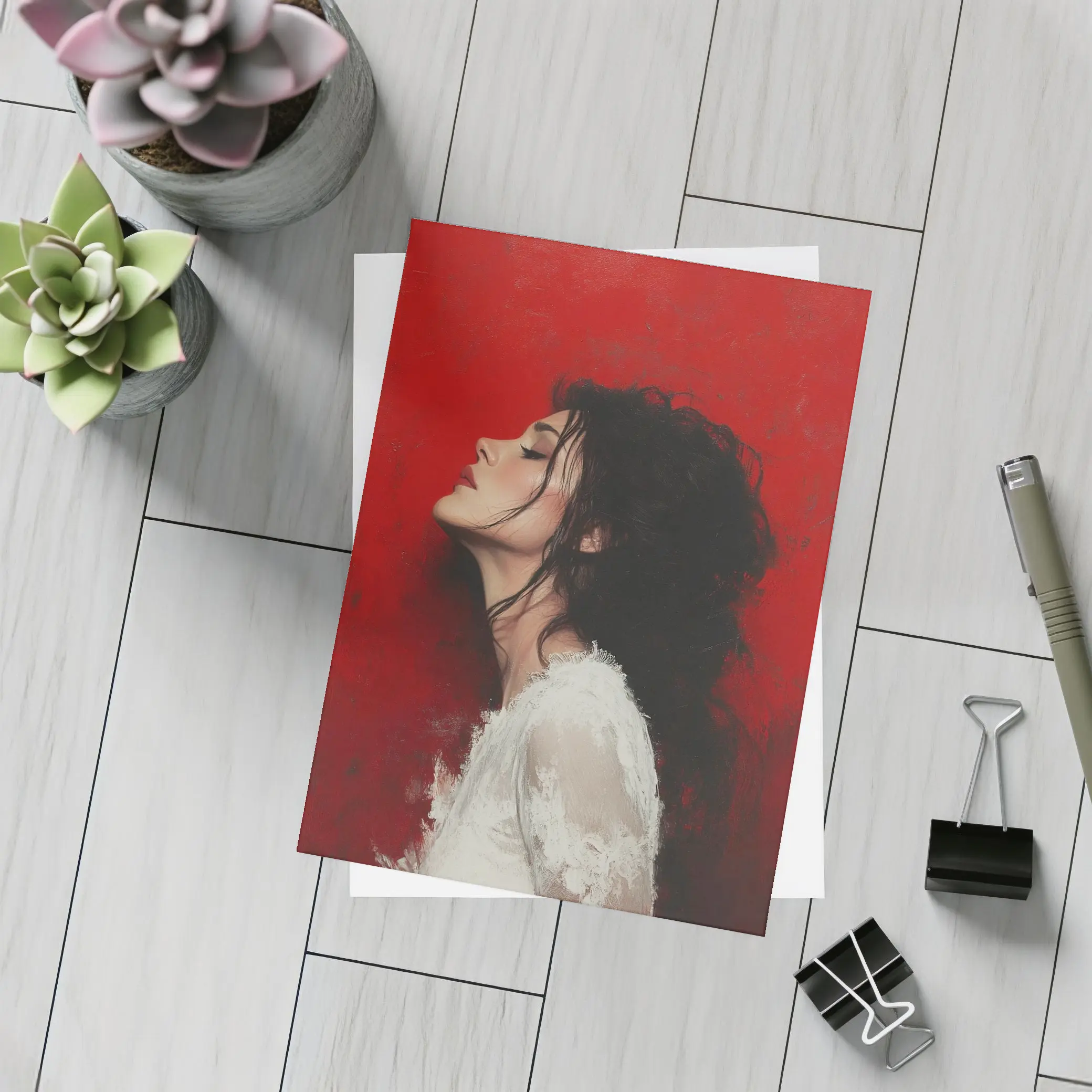 Woman Profile Portrait Red Abstract Background – Postcards