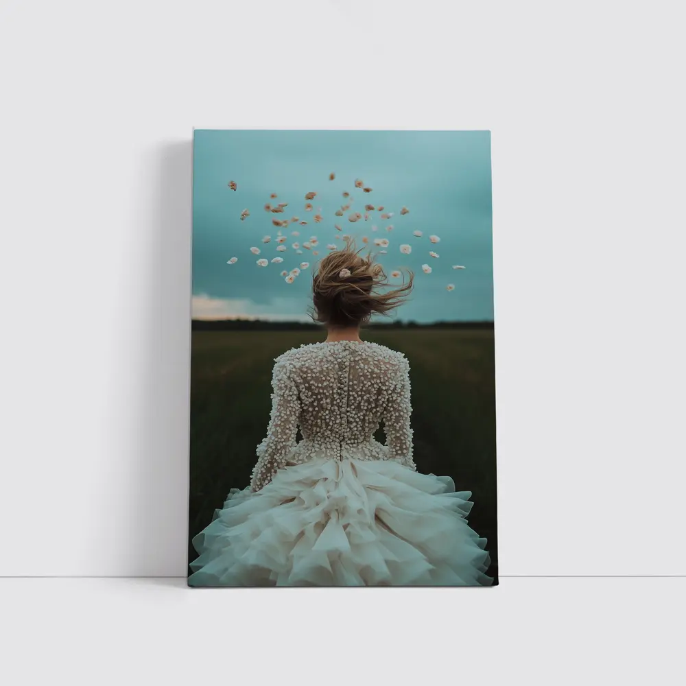 Woman White Dress Petals Flying Field – Wall Art