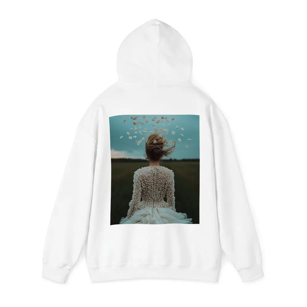 Woman White Dress Petals Flying Field – Hoodies