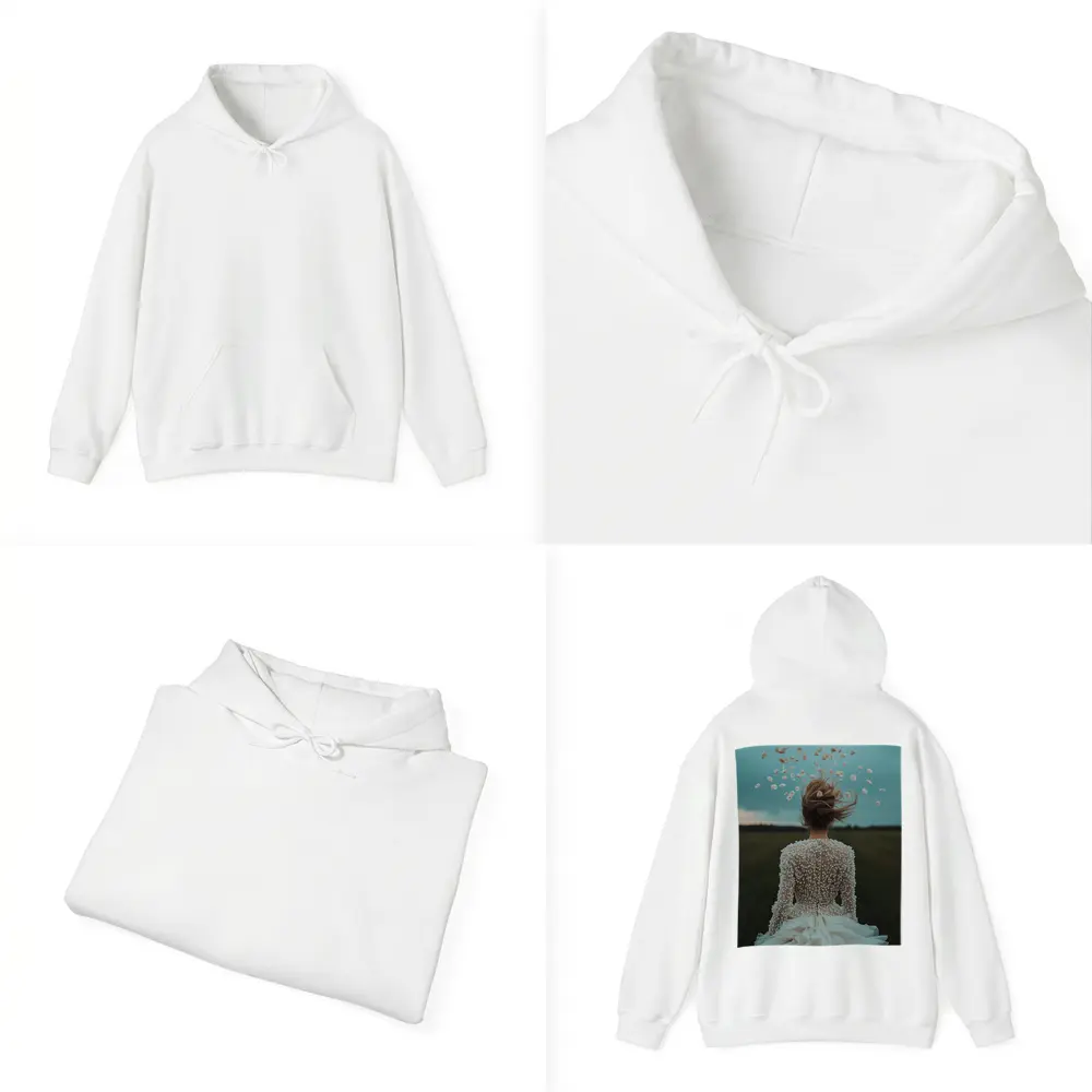 Woman White Dress Petals Flying Field – Hoodies
