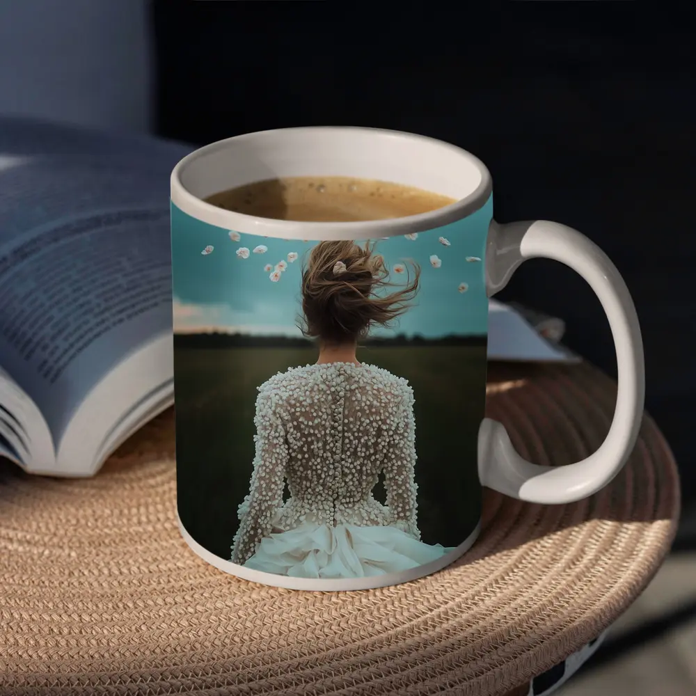 Woman White Dress Petals Flying Field – Mugs