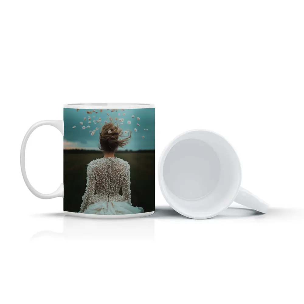 Woman White Dress Petals Flying Field – Mugs