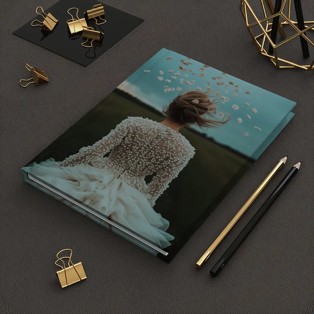 Woman White Dress Petals Flying Field – Notebooks