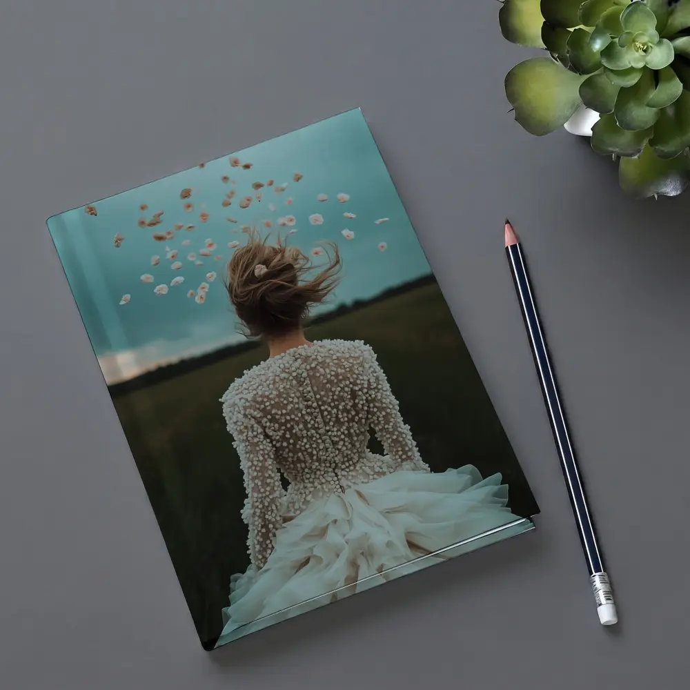 Woman White Dress Petals Flying Field – Notebooks