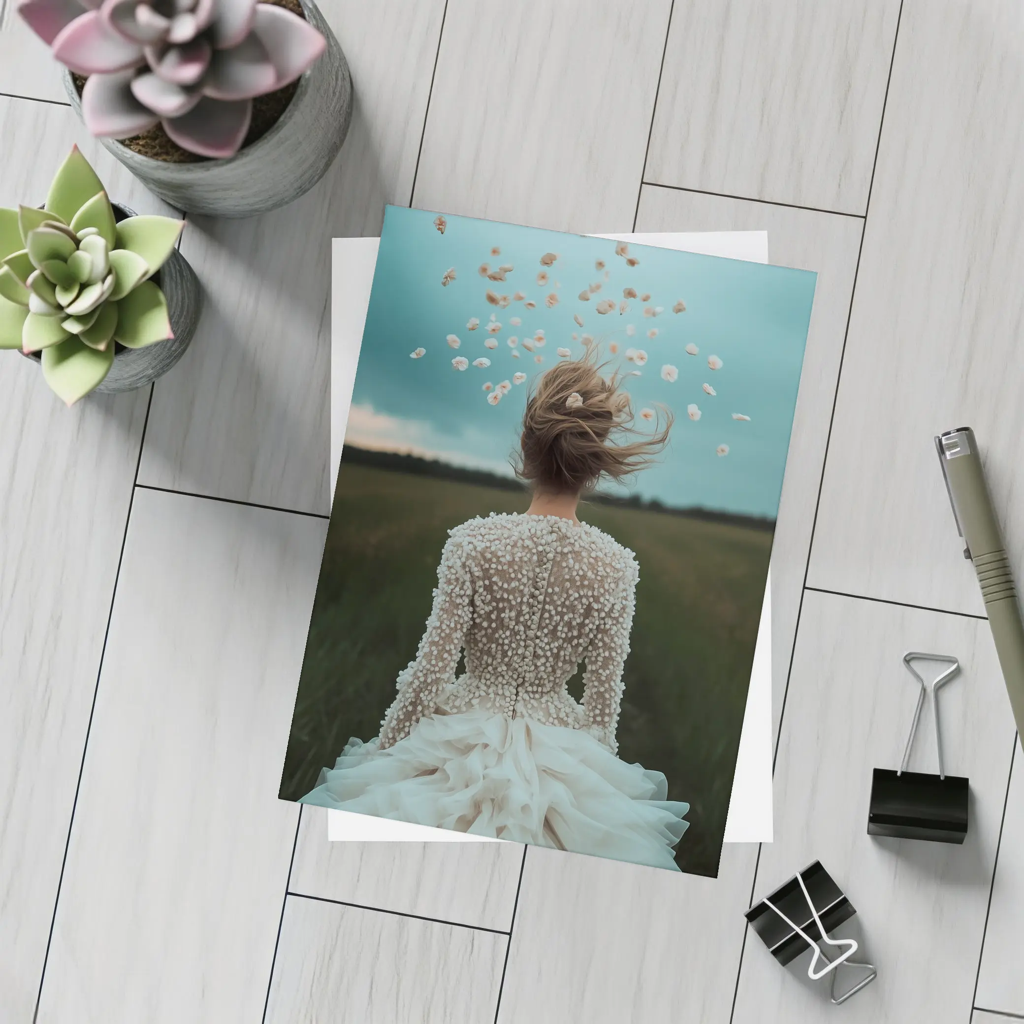 Woman White Dress Petals Flying Field – Postcards