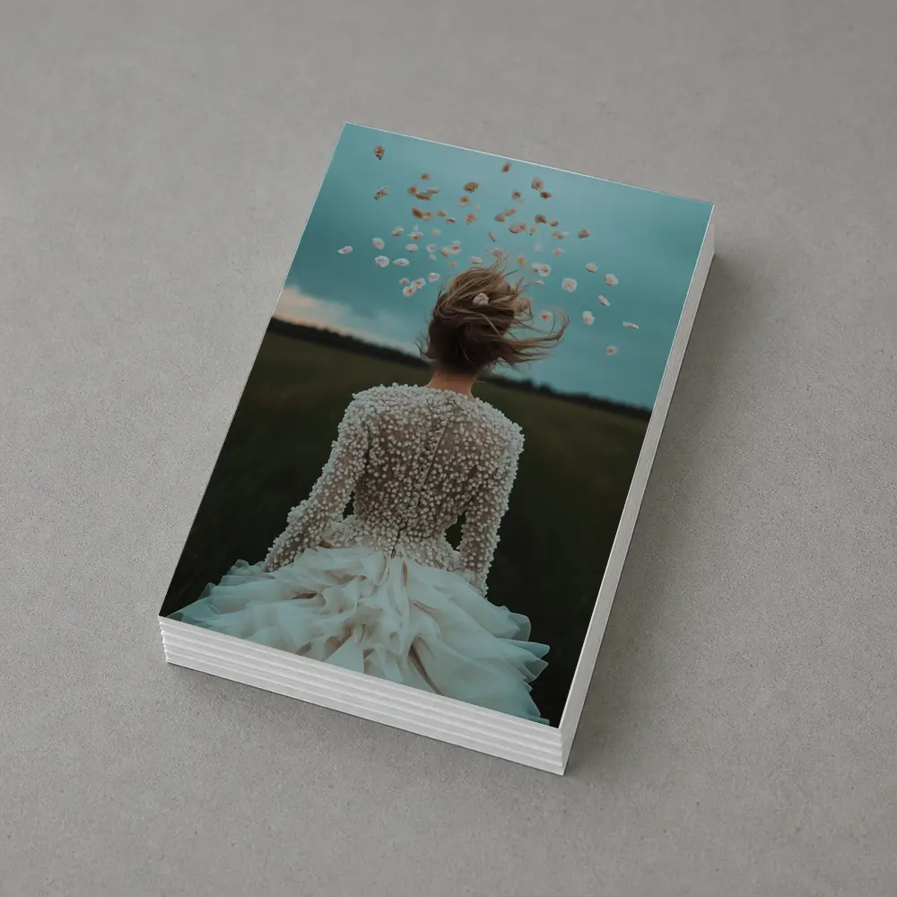 Woman White Dress Petals Flying Field – Postcards