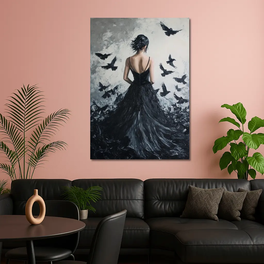 Woman in Black Gown with Flying Ravens – Wall Art