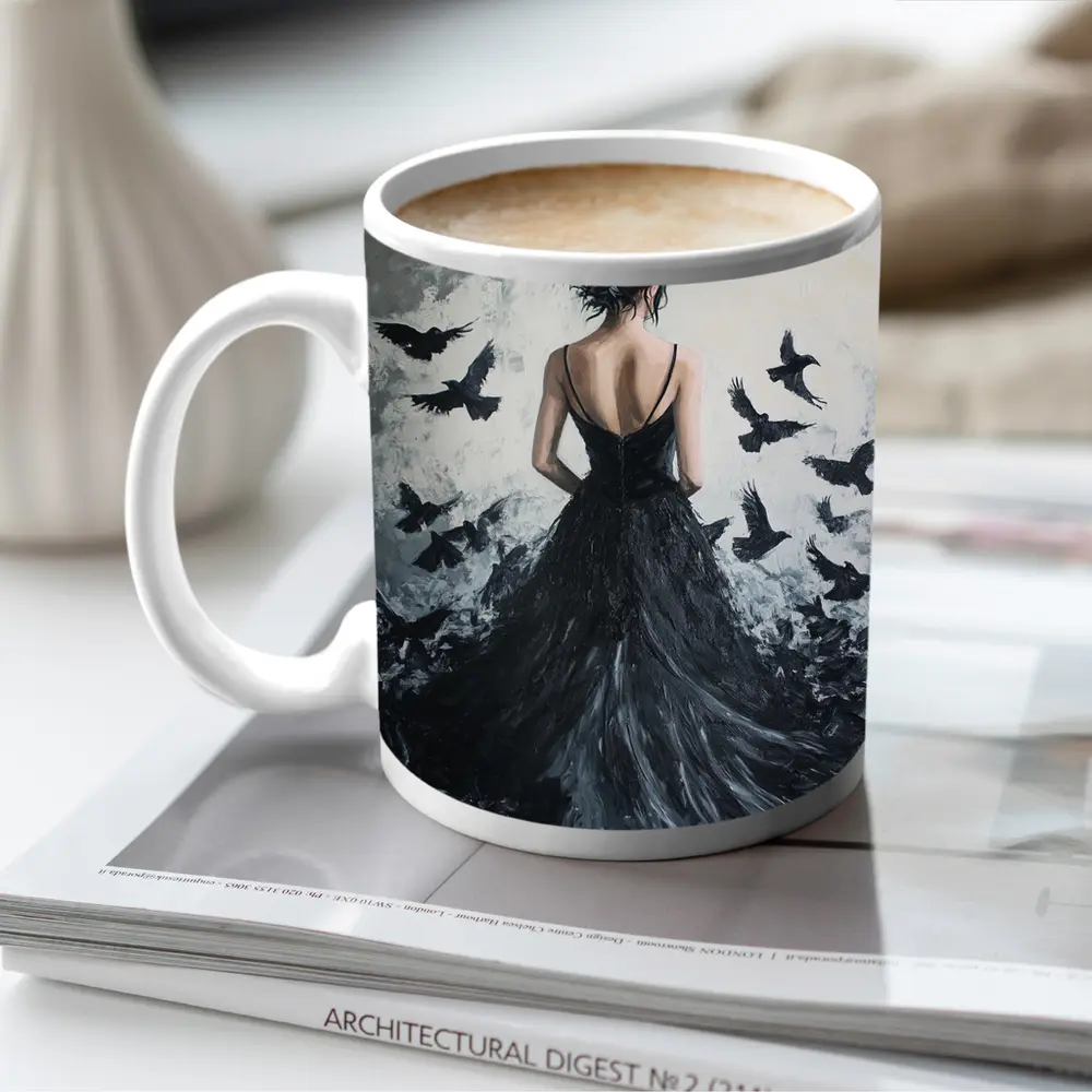 Woman in Black Gown with Flying Ravens – Mugs