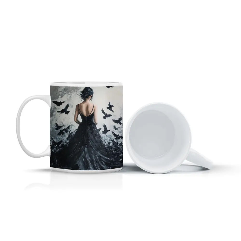 Woman in Black Gown with Flying Ravens – Mugs