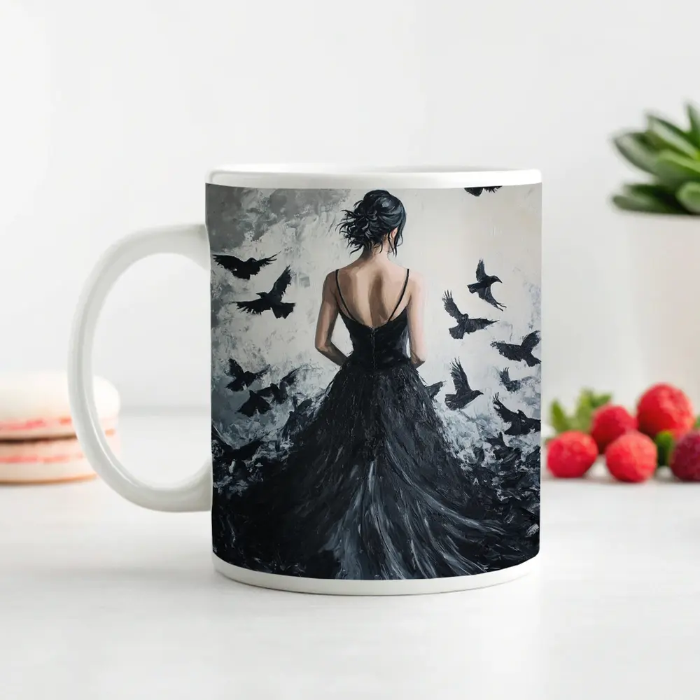 Woman in Black Gown with Flying Ravens – Mugs