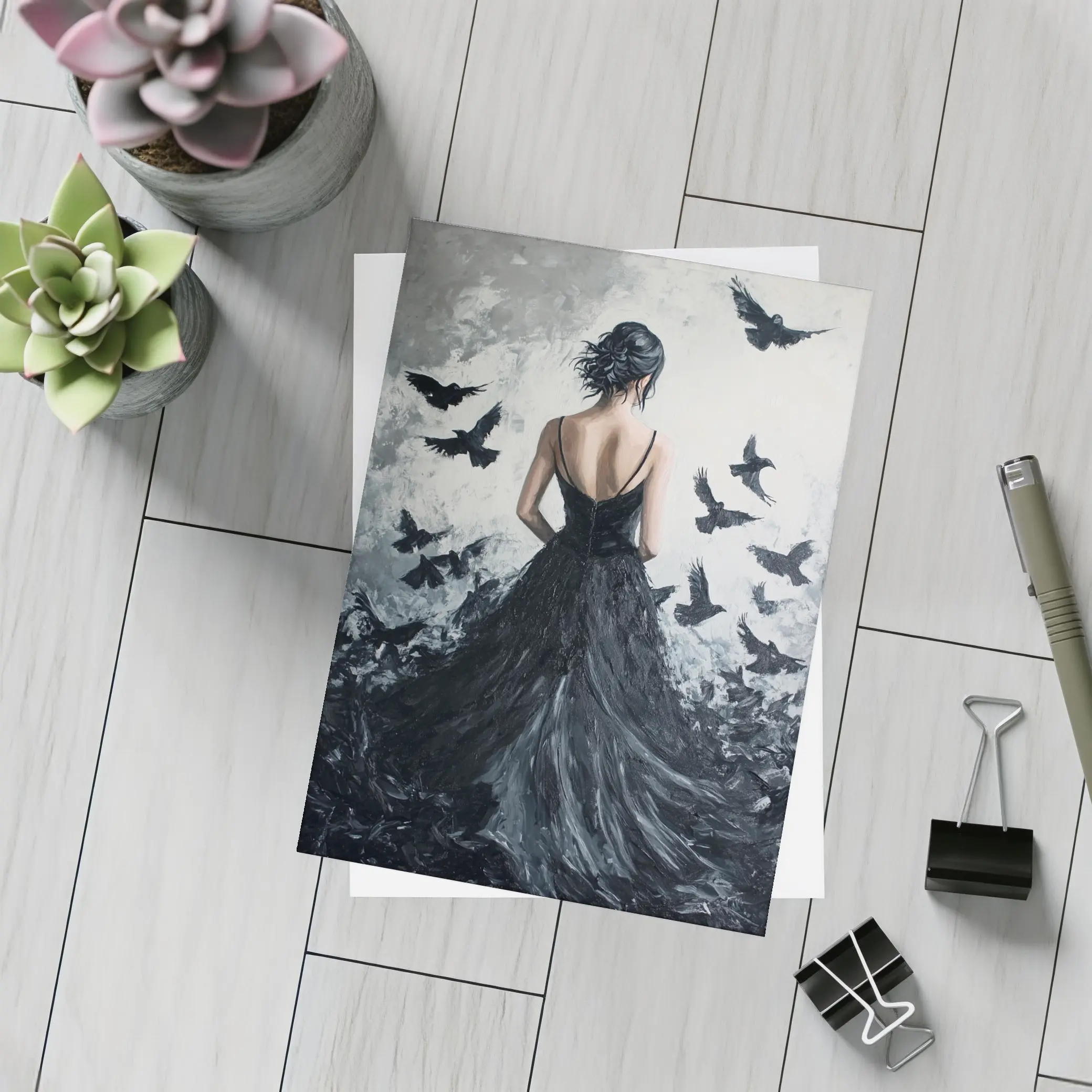 Woman in Black Gown with Flying Ravens – Postcards