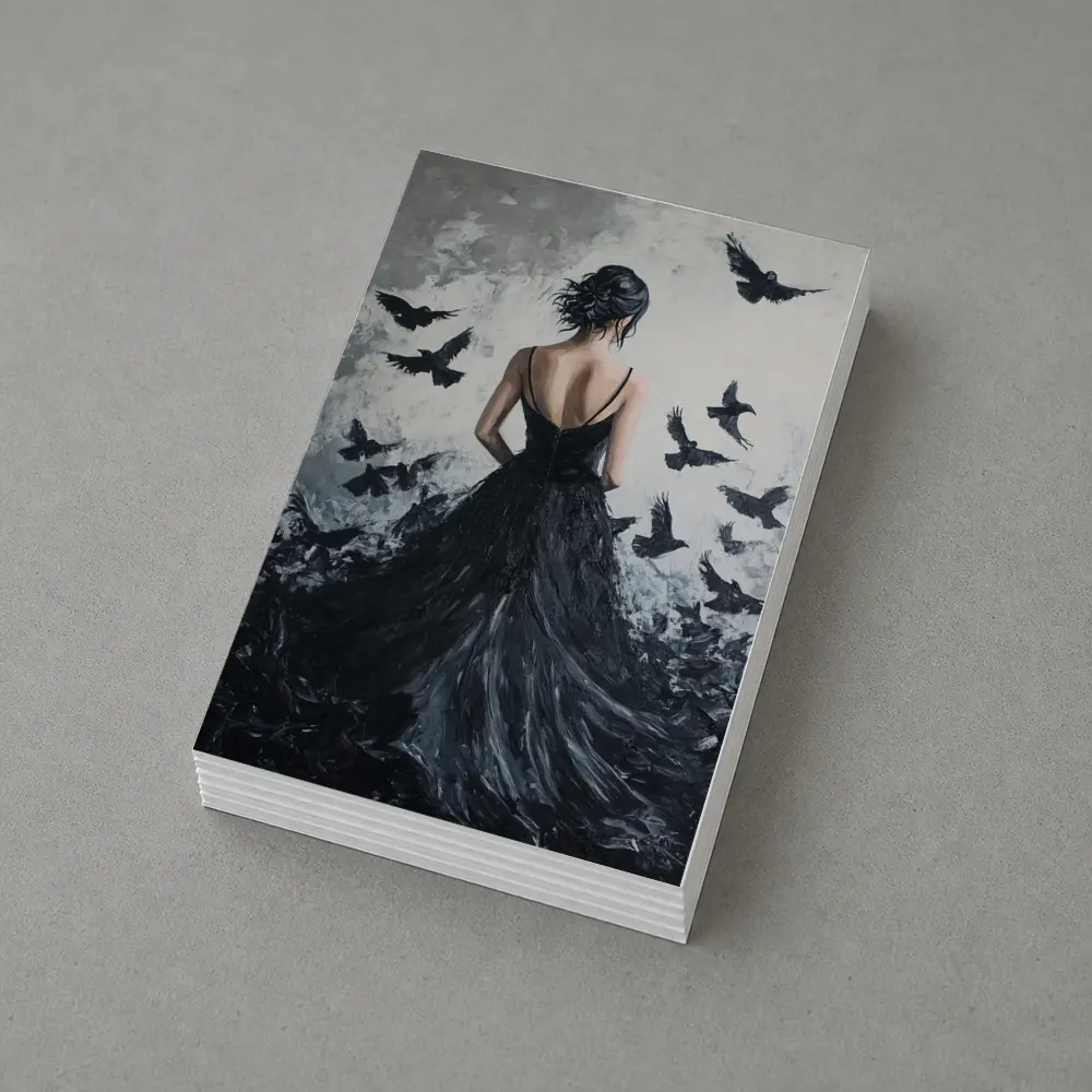 Woman in Black Gown with Flying Ravens – Postcards