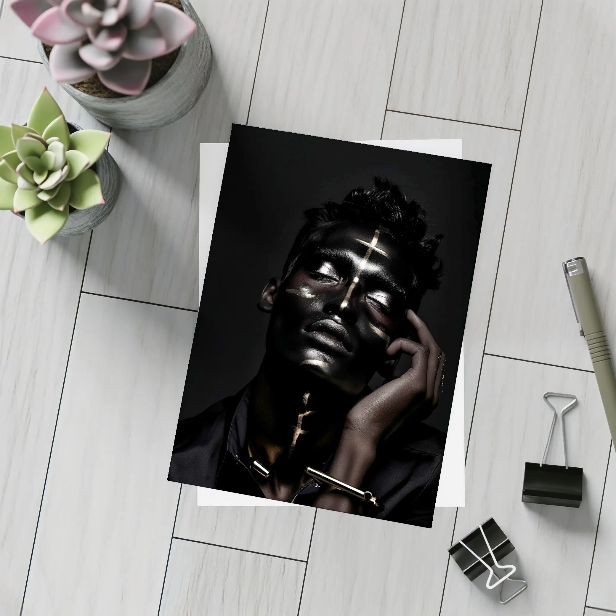 Dark Male Portrait Gold Light Rays – Postcards