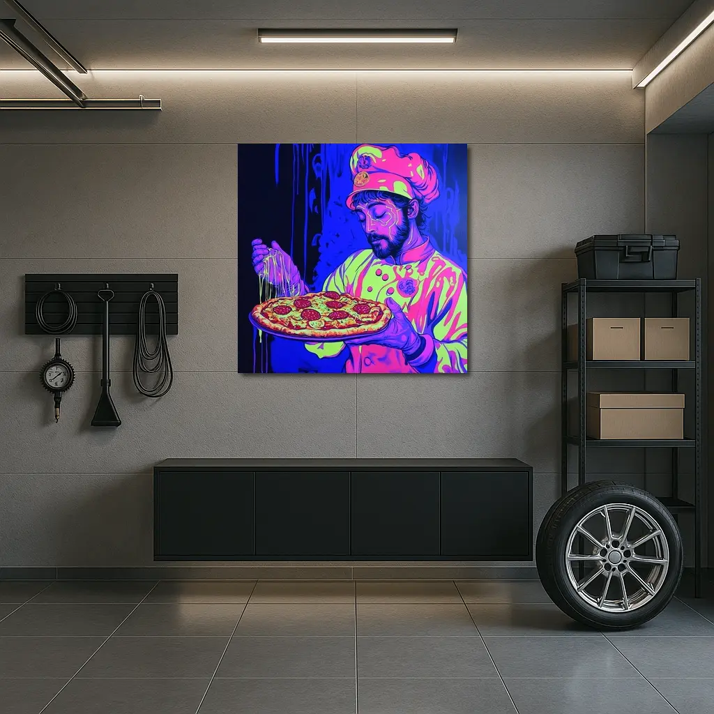 Neon Chef Holding Pepperoni Pizza Dark Background – Wall Art