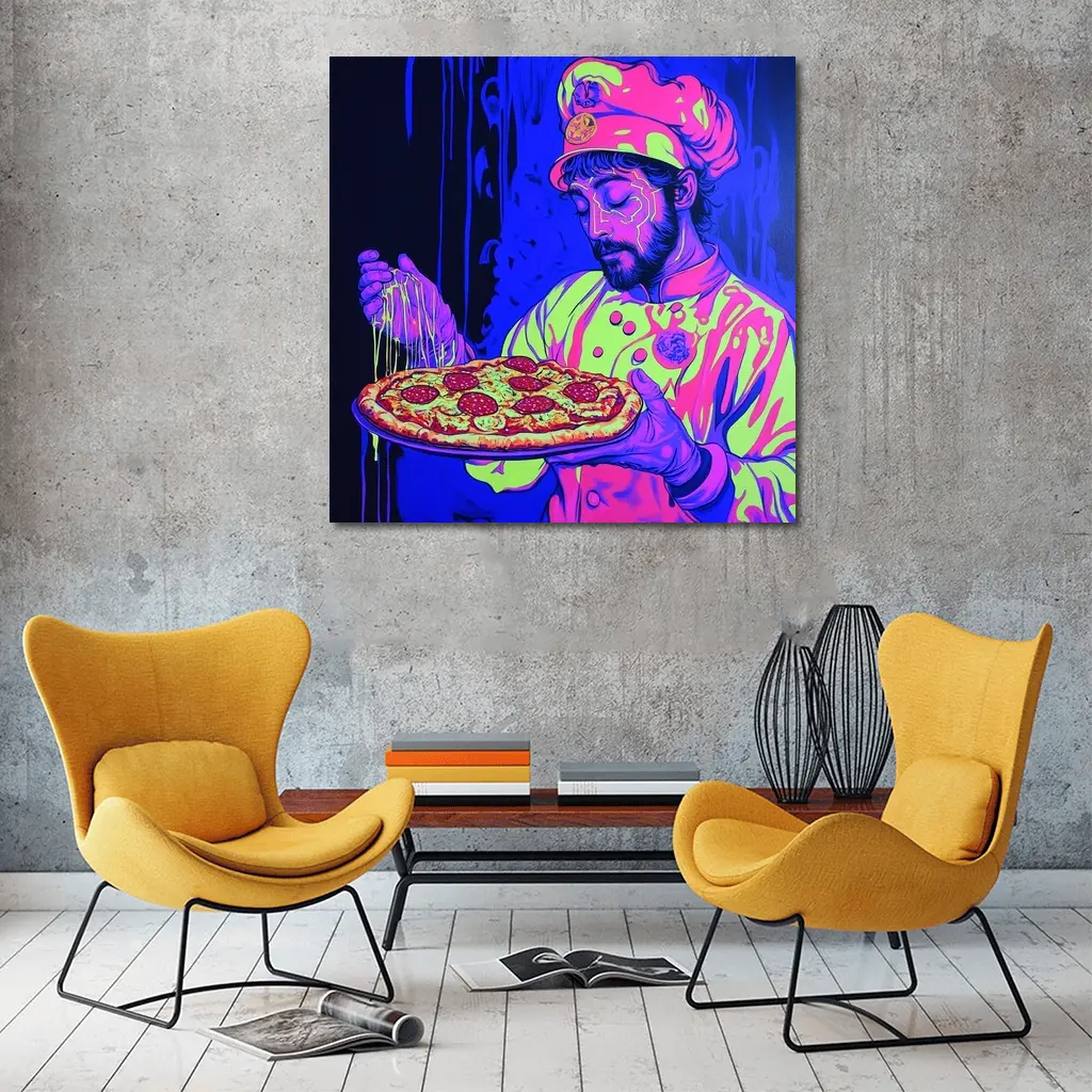 Neon Chef Holding Pepperoni Pizza Dark Background – Wall Art