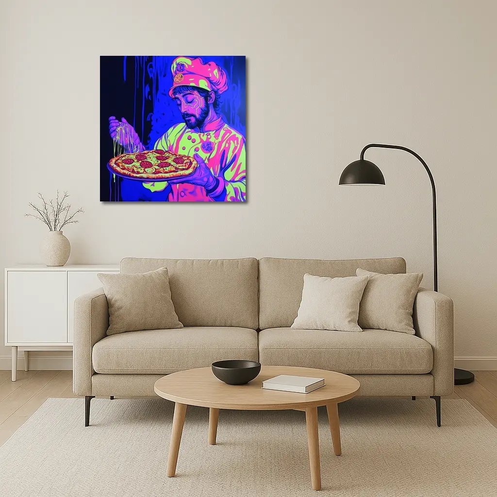 Neon Chef Holding Pepperoni Pizza Dark Background – Wall Art