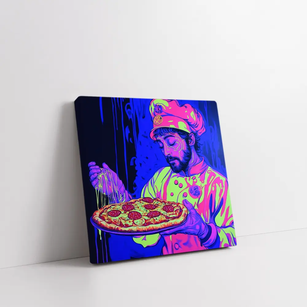 Neon Chef Holding Pepperoni Pizza Dark Background – Wall Art