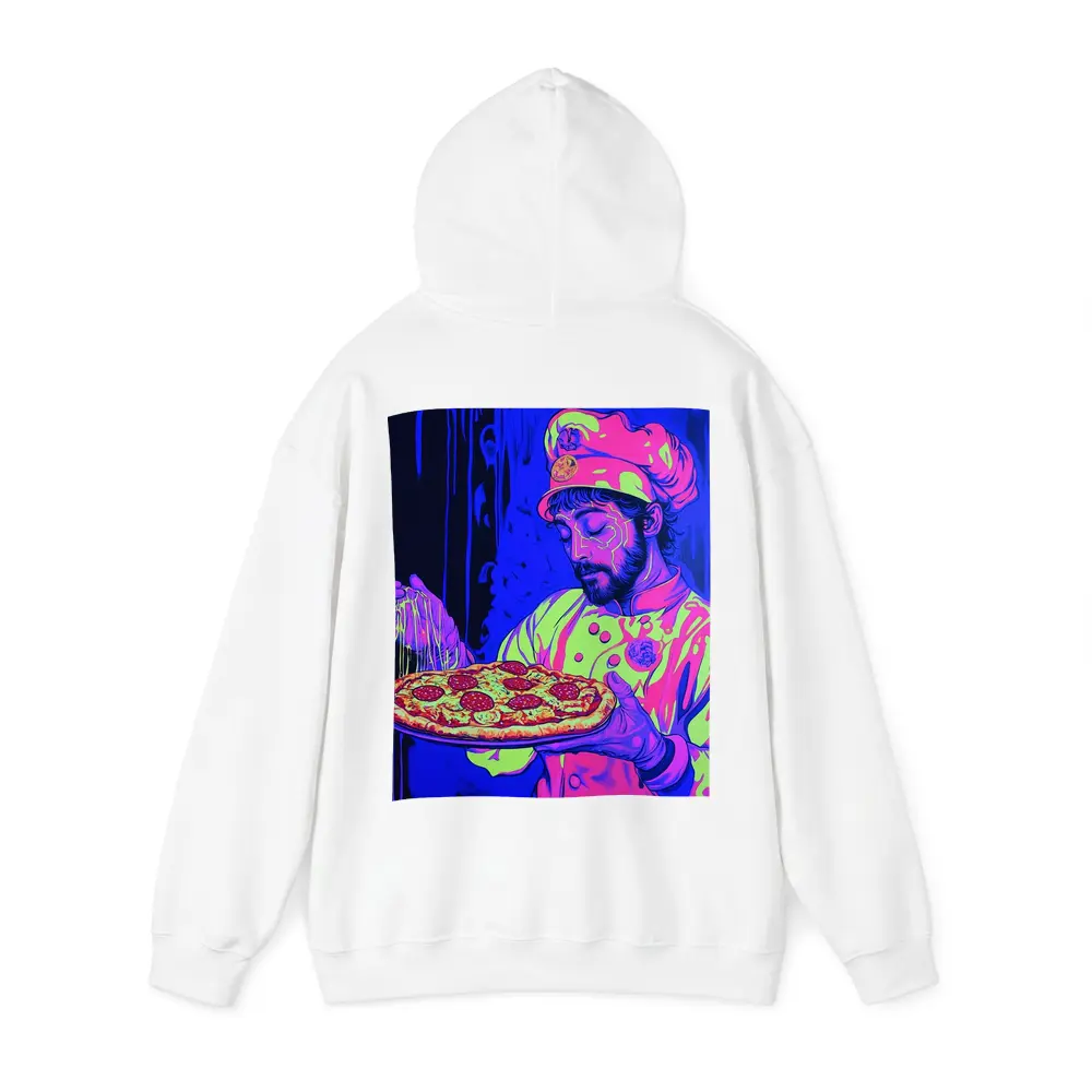 Neon Chef Holding Pepperoni Pizza Dark Background – Hoodies