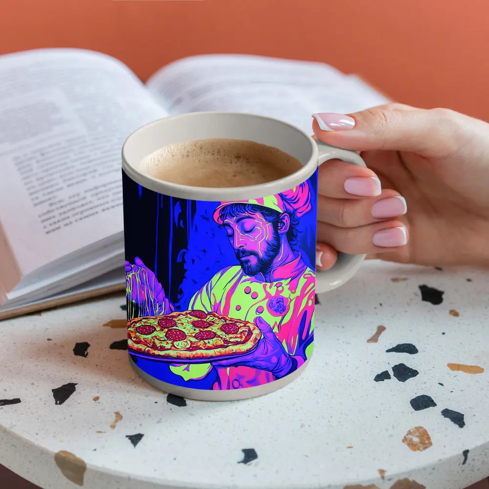 Neon Chef Holding Pepperoni Pizza Dark Background – Mugs