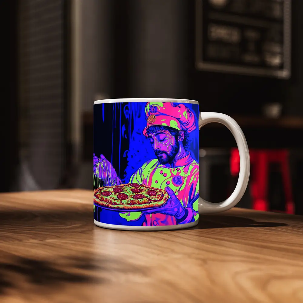 Neon Chef Holding Pepperoni Pizza Dark Background – Mugs