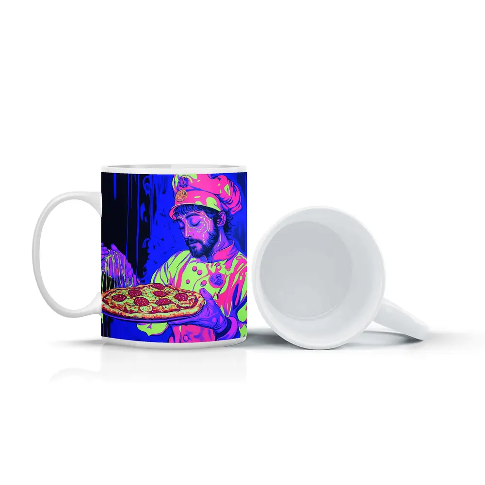 Neon Chef Holding Pepperoni Pizza Dark Background – Mugs