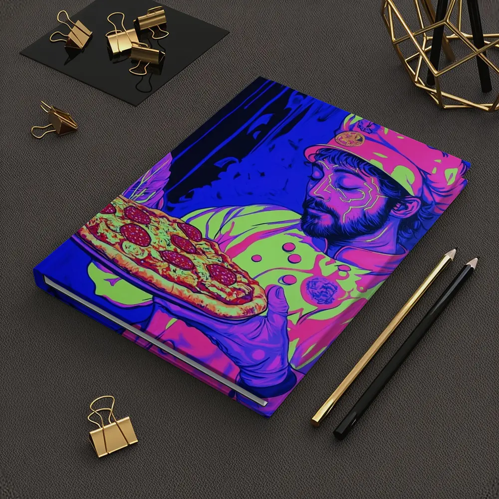 Neon Chef Holding Pepperoni Pizza Dark Background – Notebooks