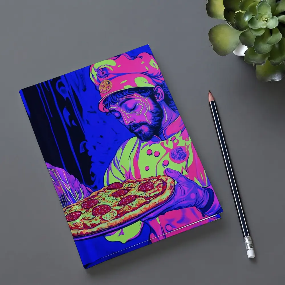 Neon Chef Holding Pepperoni Pizza Dark Background – Notebooks