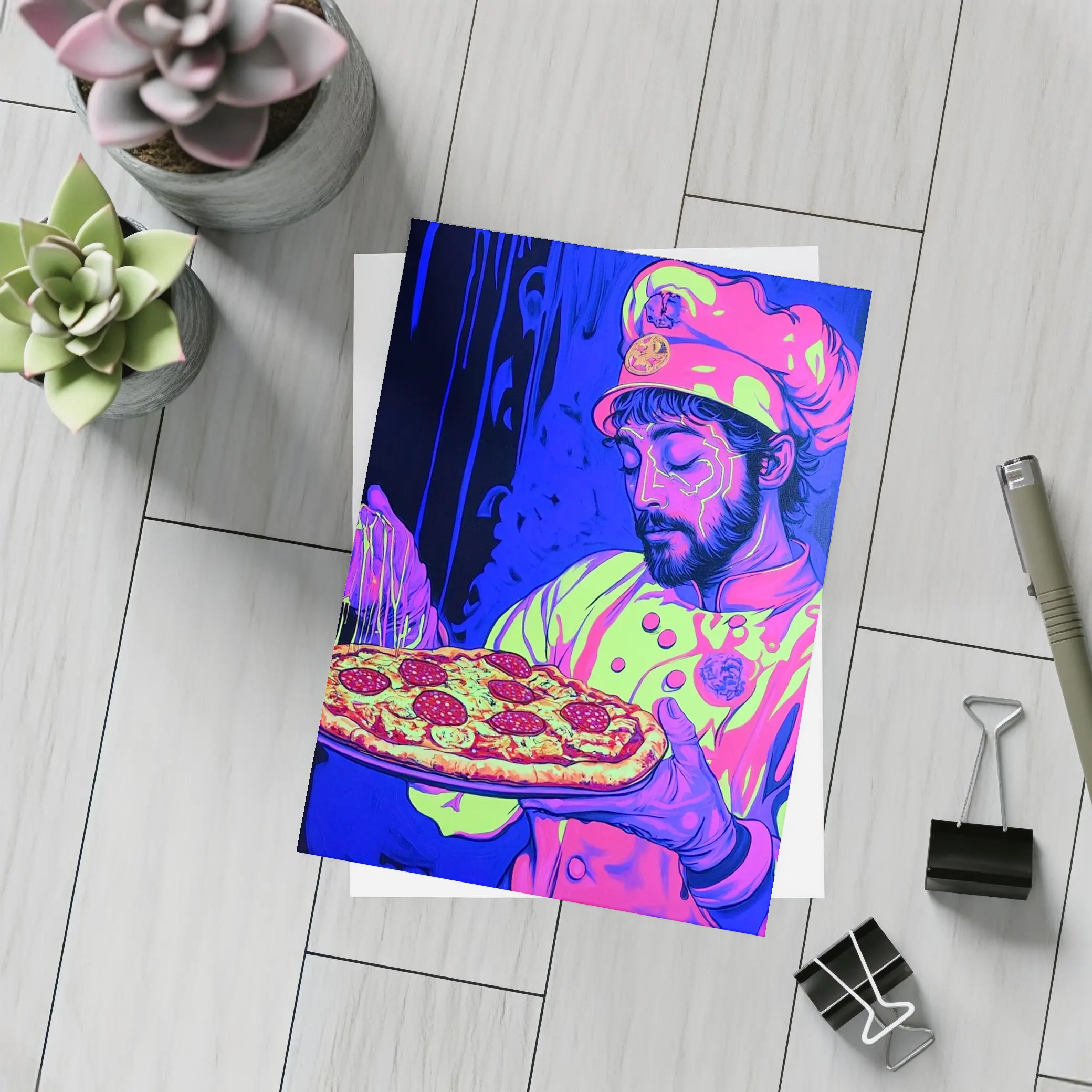 Neon Chef Holding Pepperoni Pizza Dark Background – Postcards