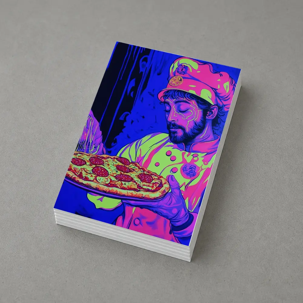 Neon Chef Holding Pepperoni Pizza Dark Background – Postcards