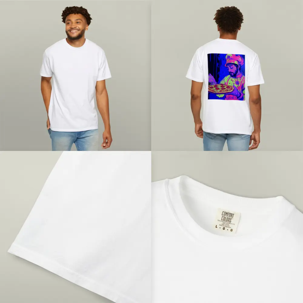 Neon Chef Holding Pepperoni Pizza Dark Background – T-Shirts