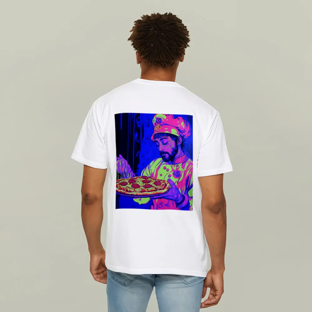 Neon Chef Holding Pepperoni Pizza Dark Background – T-Shirts