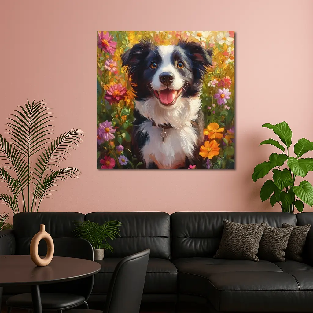Happy Border Collie Dog Oil Painting Flowers – Wall Art